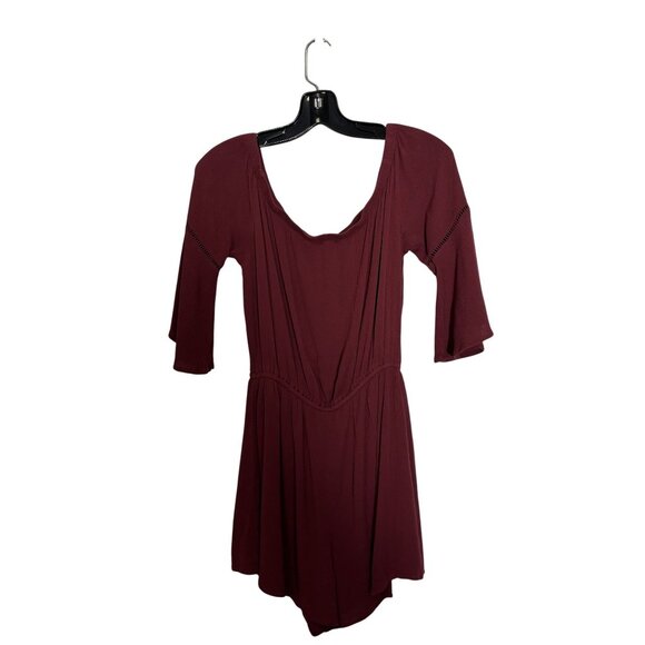 Maroon Love Fire Boho Romper With Embroidered Floral Design & Bell Sleeves - Picture 2 of 12